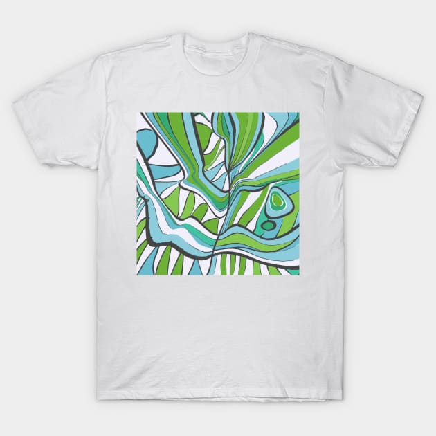 Mazipoodles Psychedelic Water Leaves Expressionism Blue Green T-Shirt by Mazipoodles